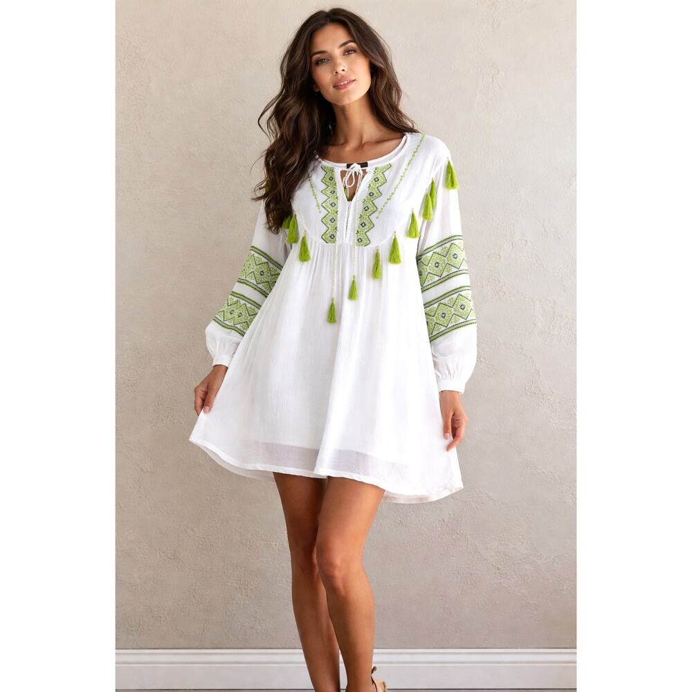 Chelsea & Theodora Lime Green White Boho Dress Tassels Women’s Size Large NWT